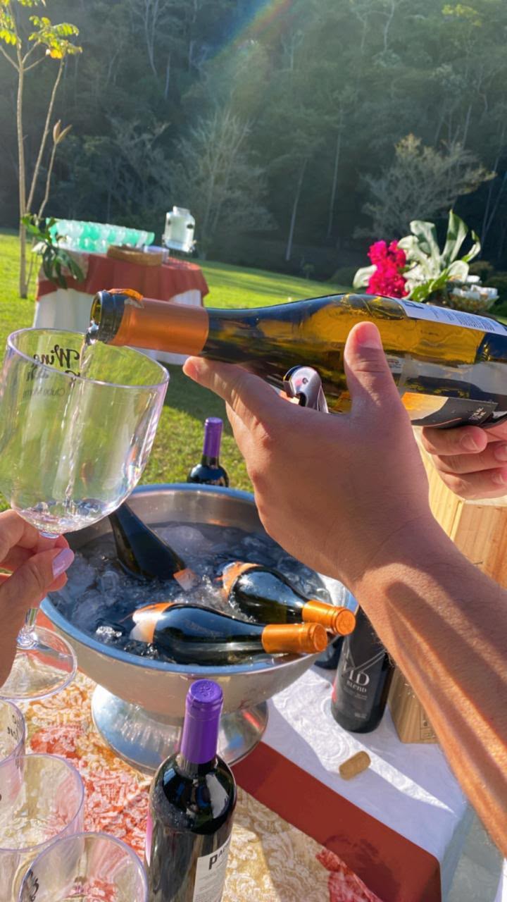 Vinho branco sendo servido durante a degustação ao ar livre