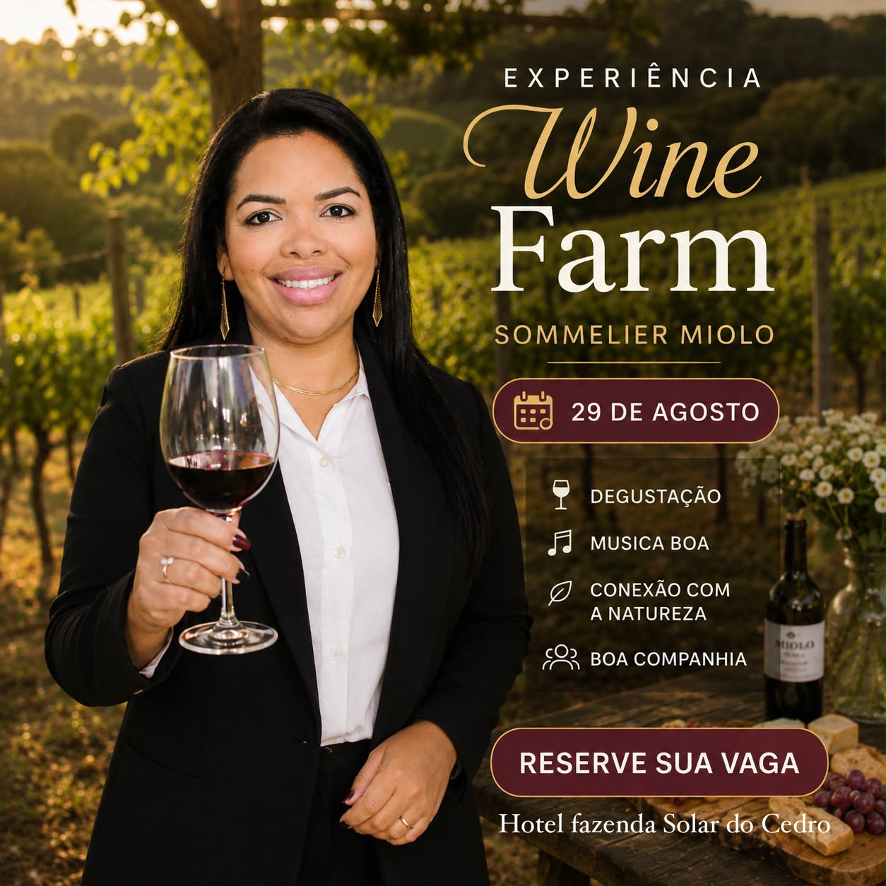 Sommelier da Miolo com taça de vinho no vinhedo